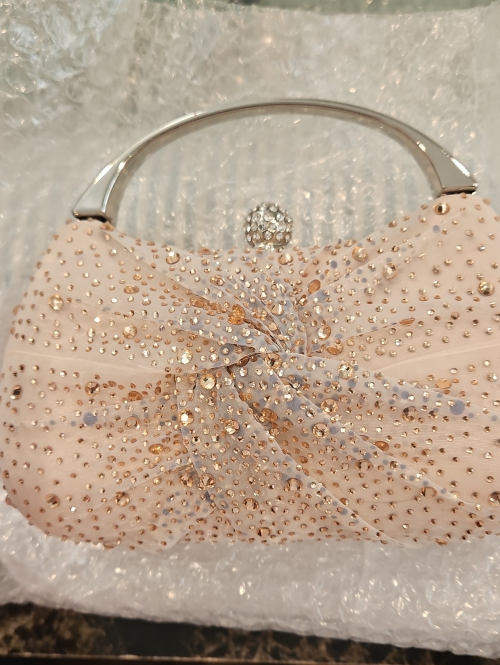 Nina Blush Pink Crystal-Embellished Evening Clutch with Silver Handle
